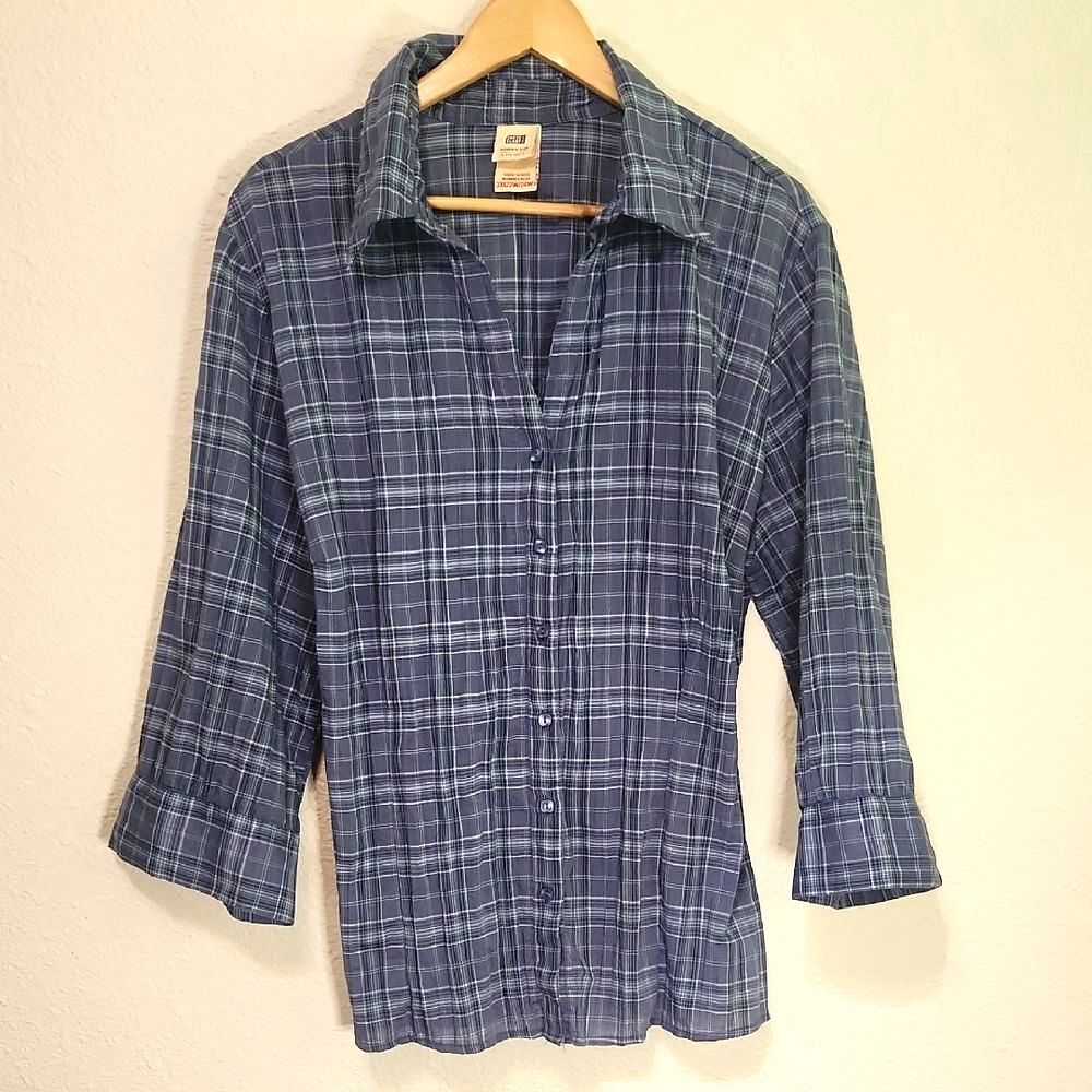 Faded Glory Blue & Gray Plaid Shirt Button-Up 3/4 Sleeve Women's Size 3X